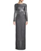Boat-neck Long-sleeve Metallic-plaited Gown