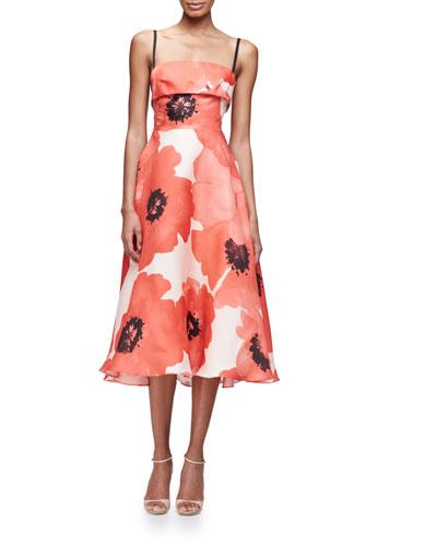 Sleeveless Oversize-floral Midi Dress, Red/multi