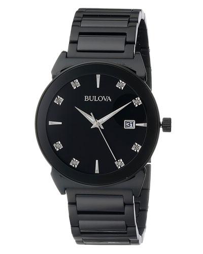 41mm Men's Stainless Steel Bracelet Watch W/ Diamonds, Black