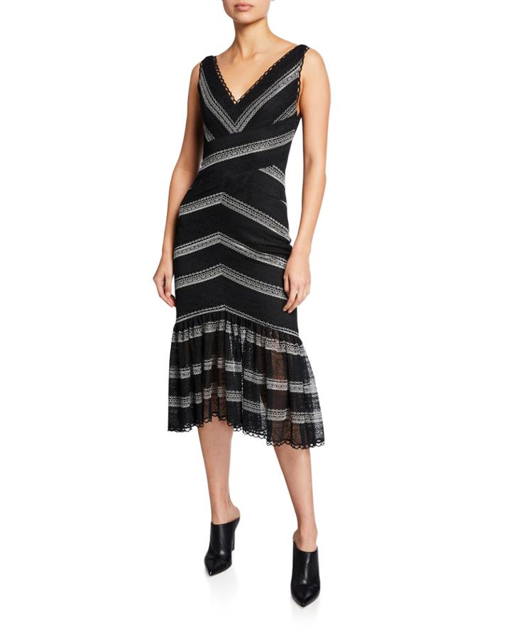 Striped Lace V-neck Sleeveless Ruffle-hem Dress