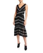 Striped Lace V-neck Sleeveless Ruffle-hem Dress