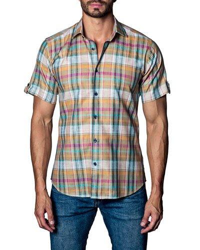 Plaid Short-sleeve Sport Shirt, Orange Pattern
