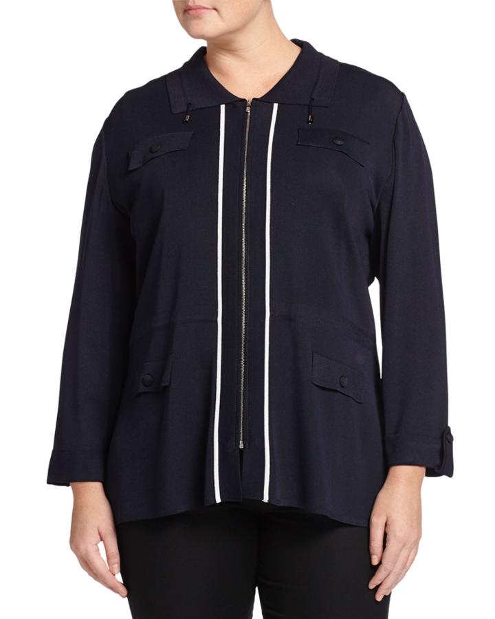Ming Wang Plus Spread-collar Contrast-zip Jacket, Navy/white, Women's,
