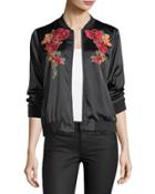 Floral-embroidered Bomber Jacket, Black