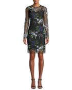 Floral-embroidered Mesh Long-sleeve Cocktail Dress