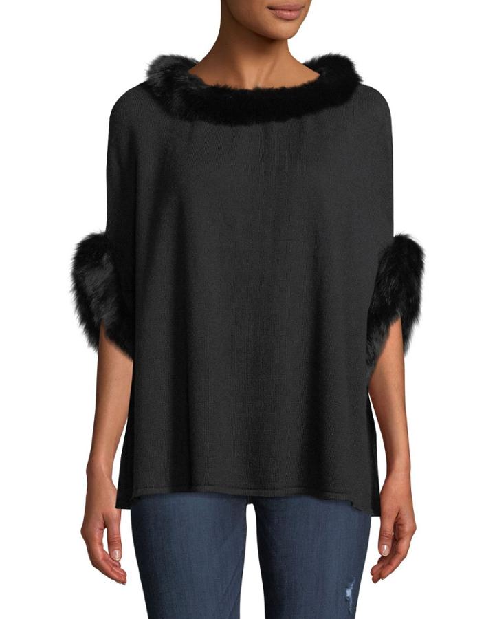 Wool-blend Poncho W/ Fox Fur Trim