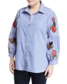 Embroidered-sleeve Striped Button-front Blouse,