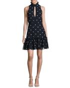 Sleeveless Polka Dot Silk Mini Dress, Navy Blue/white