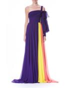 One-sleeve Colorblocked Draped Chiffon Evening Gown