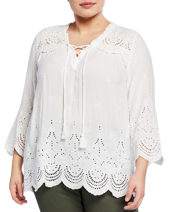 Plus Size Lace-up Eyelet Blouse