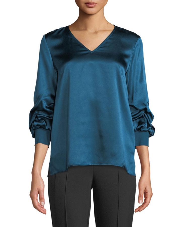 Leland Gathered-sleeve Silk Blouse, Empress Teal