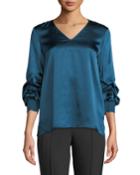Leland Gathered-sleeve Silk Blouse, Empress Teal