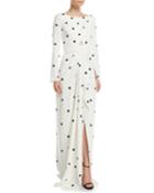 Long-sleeve Bateau-neck Drape-front Sequin Polka-dot Silk Georgette Gown