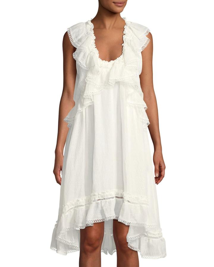 Scoop-neck Sleeveless Linen-silk Dress W/ Ruffle Detail
