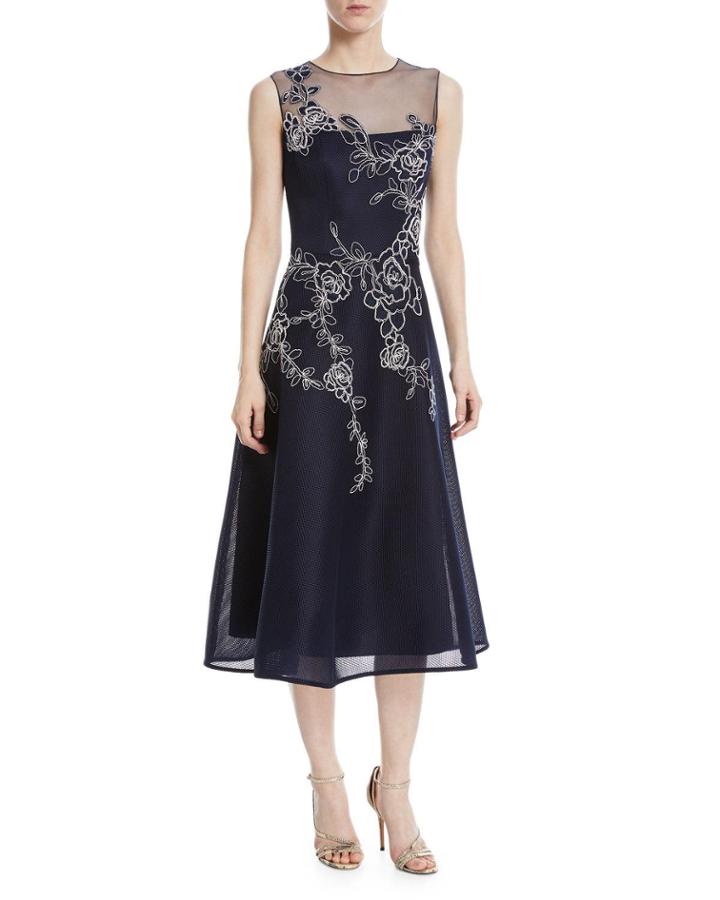 Floral Embroidery Mesh-yoke Cocktail Dress