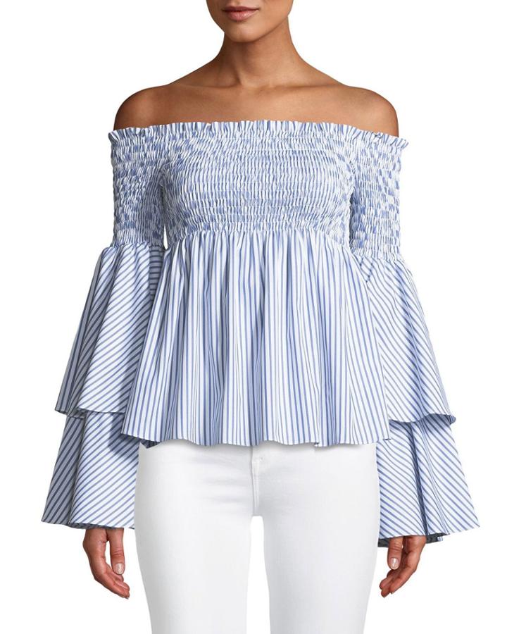 Appolonia Off-the-shoulder Sweetheart Striped Poplin Top