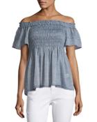 Chambray-print Smocked Off-the-shoulder Top