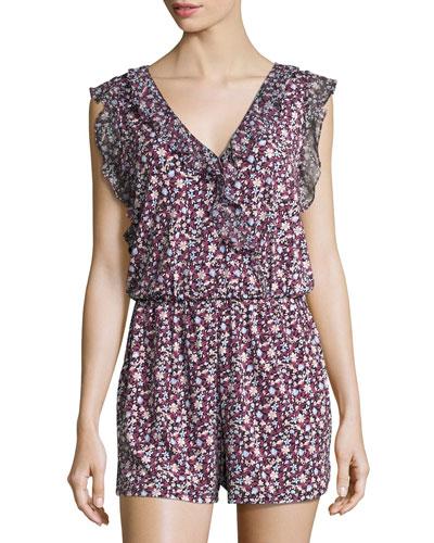 Floral-print Chiffon-trim Romper, Red Pattern