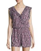 Floral-print Chiffon-trim Romper, Red Pattern