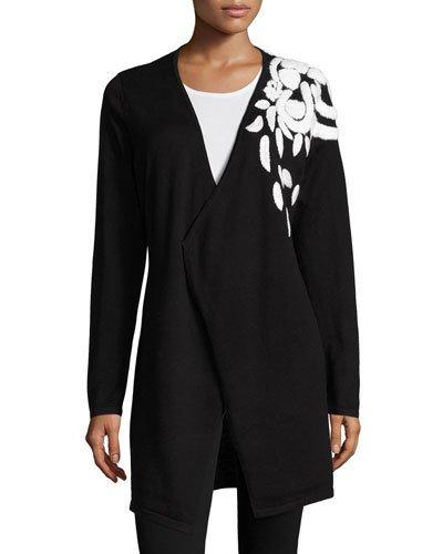 Shoulder-embroidered Long Cardigan, Black/white