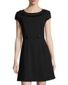 Cap-sleeve A-line Crepe Dress, Black