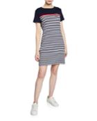 Striped Short-sleeve Shift Dress W/ Brooch
