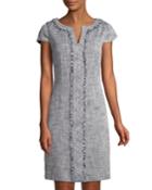 Fringe-trim Short-sleeve Tweed Dress