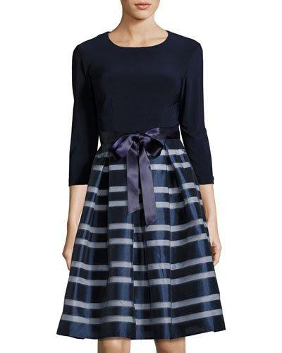Organza-skirt 3/4-sleeve Dress, Navy