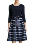 Organza-skirt 3/4-sleeve Dress, Navy