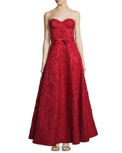 Strapless Bustier Floral-embroidered Gown, Crimson