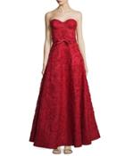 Strapless Bustier Floral-embroidered Gown, Crimson