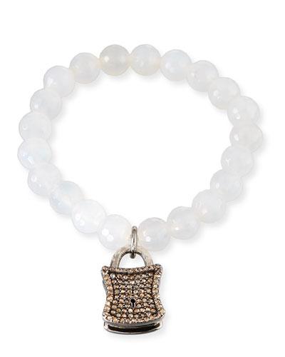 Agate Beaded Stretch Bracelet W/ Diamond Padlock Charm