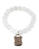 Agate Beaded Stretch Bracelet W/ Diamond Padlock Charm