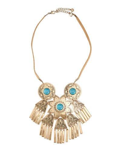 Golden Floral Bib Necklace W/ Suede Cord & Faux Turquoise