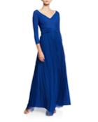 V-neck 3/4-sleeve A-line Gown With Sheer