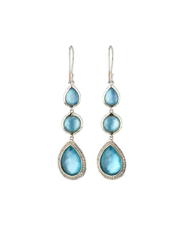 Lollipop 3-drop Earrings In Swiss Blue Topaz & Mother-of-pearl Doublet W/ Diamonds