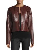 Nim Collarless Coated Leather Jacket,