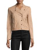 Snap-front Cropped Moto Jacket, Nude