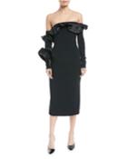 Iria Off-the-shoulder Long-sleeve Fitted Cocktail Dress W/ Taffeta Ruffles