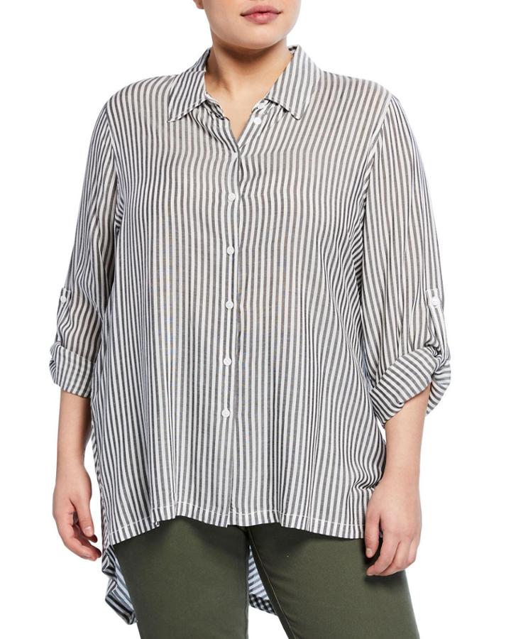Plus Size Striped Long-sleeve Button-front
