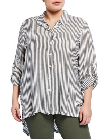 Plus Size Striped Long-sleeve Button-front