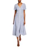 Striped V-neck Button-front Cotton Dress