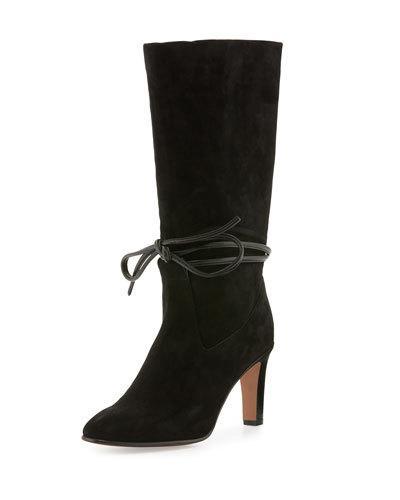 Ankle-tie Leather Ankle Boot, Black