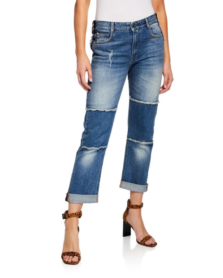 Tattered Patchwork Boyfriend Jeans, Dark Classic Blue