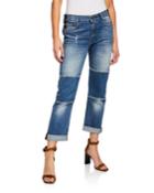 Tattered Patchwork Boyfriend Jeans, Dark Classic Blue