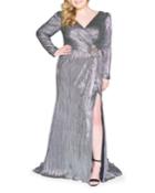 Plus Size Pleated Metallic Wrap Gown