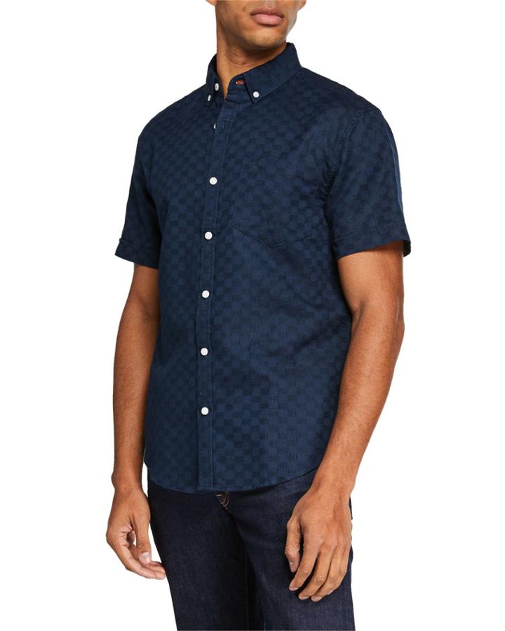 Men's Short-sleevetextured Check Button-down
