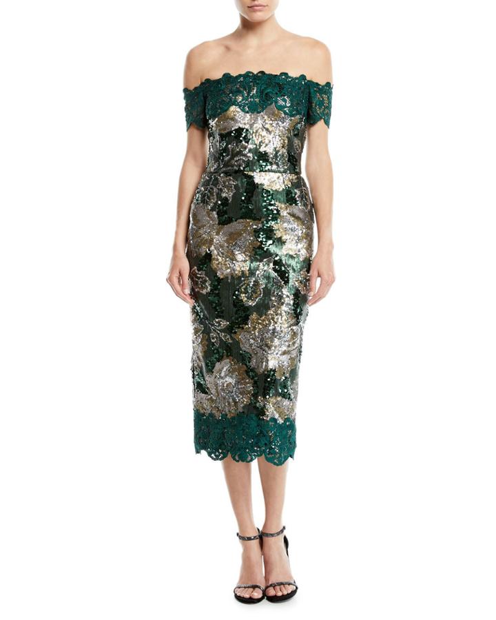 Off-the-shoulder Sequined Peony Cocktail Dress With Guipure