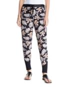 Floral Leaf Crepe Jogger Pants With Piping