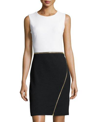 Zipper-trim Colorblock Sheath Dress, White/black